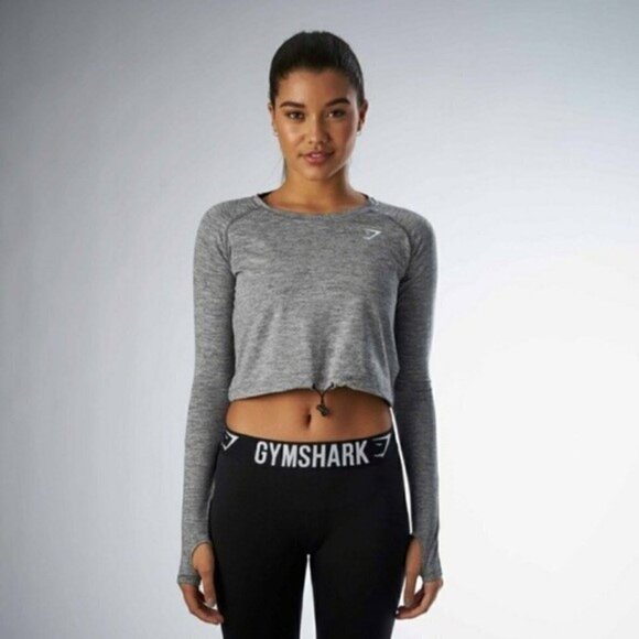 Gymshark Light Grey Crop Top Drawstring Long Sleeve Elbow Holes Women’s XS - Picture 1 of 7